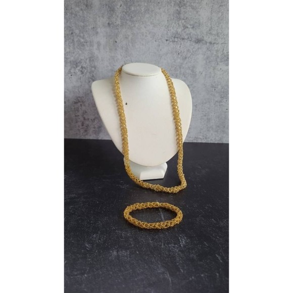 Vintage Woven Gold Tone Beaded Jewelry Set - Picture 3 of 10